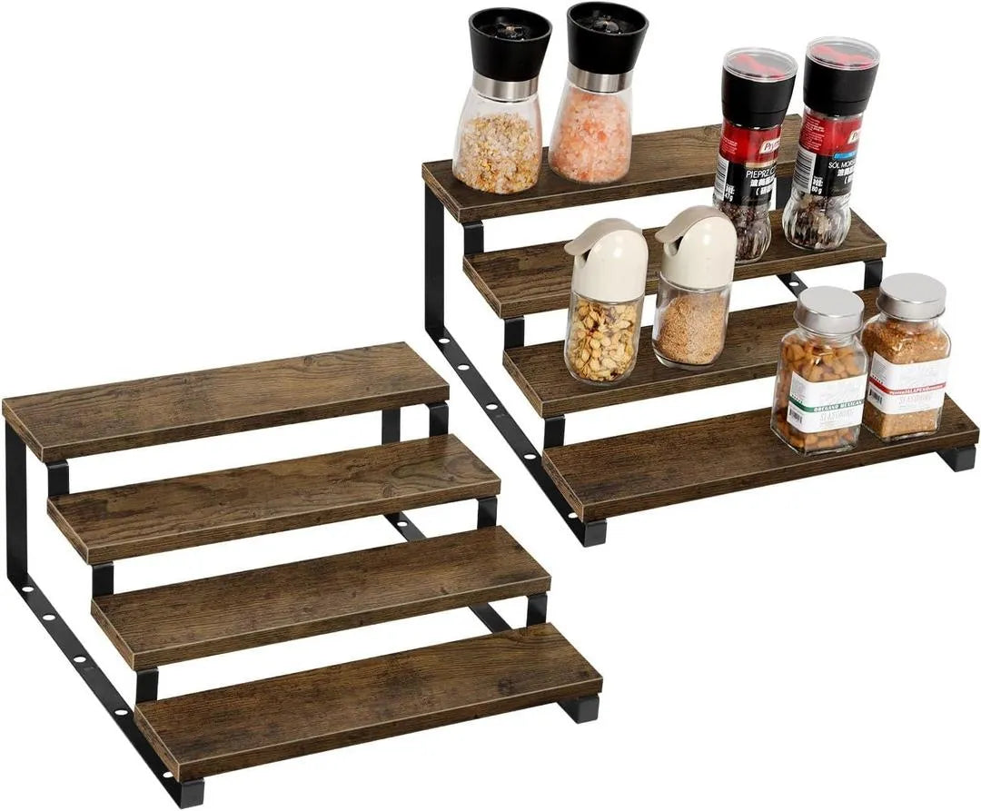 4-Layer Wooden Spice Rack Brown Black Metal Support