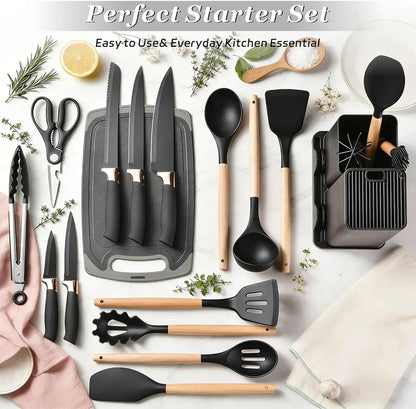 19 PCS Premium Kitchen Knife & Silicone Utensil Set with Holder | Non-Stick Cooking Utensils | Stainless Steel Knife Set | Kitchen Tool Set with Chopping Board