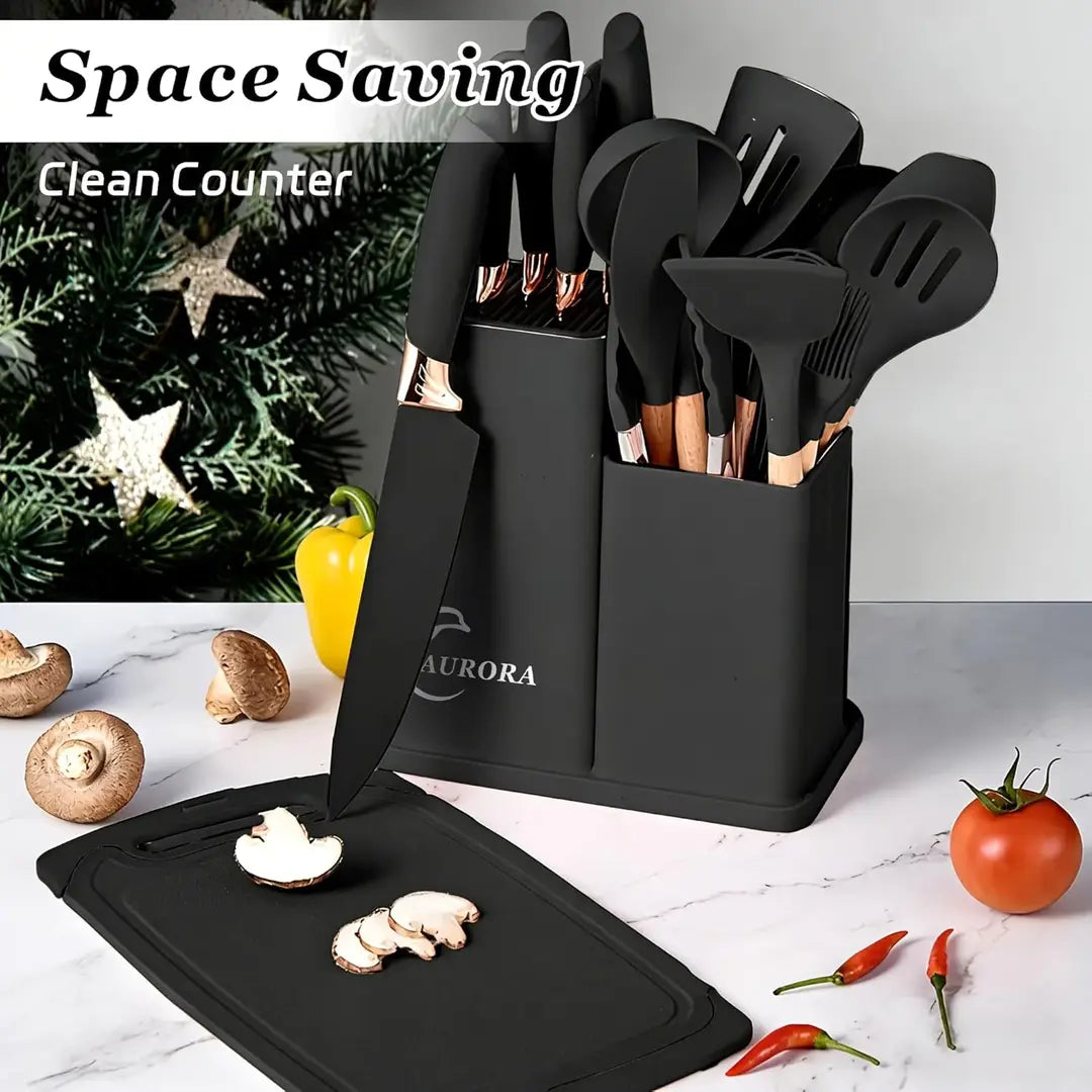 19 PCS Premium Kitchen Knife & Silicone Utensil Set with Holder | Non-Stick Cooking Utensils | Stainless Steel Knife Set | Kitchen Tool Set with Chopping Board